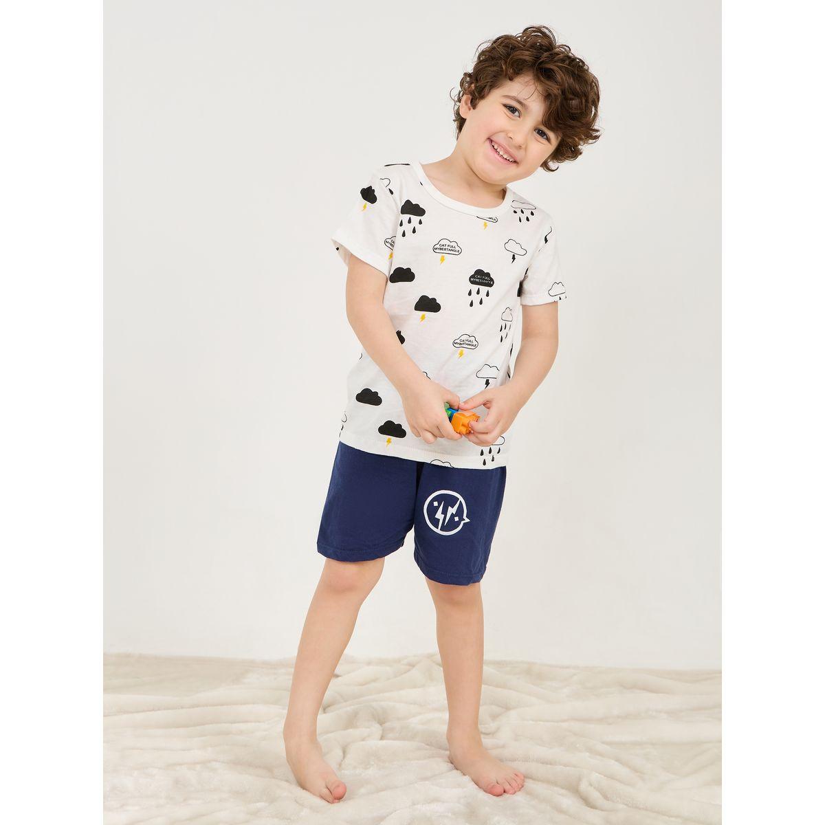 Styli All Over Cloud Print T-Shirt & Shorts Set-boys-clothing-nightwear-image-1