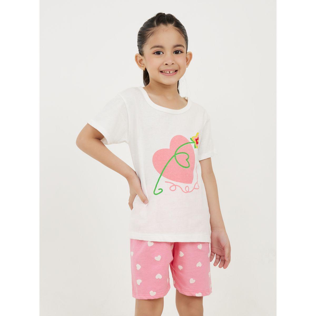 Styli Heart Graphic Print T-Shirt & Shorts Set-girls-clothing-nightwear-image-2