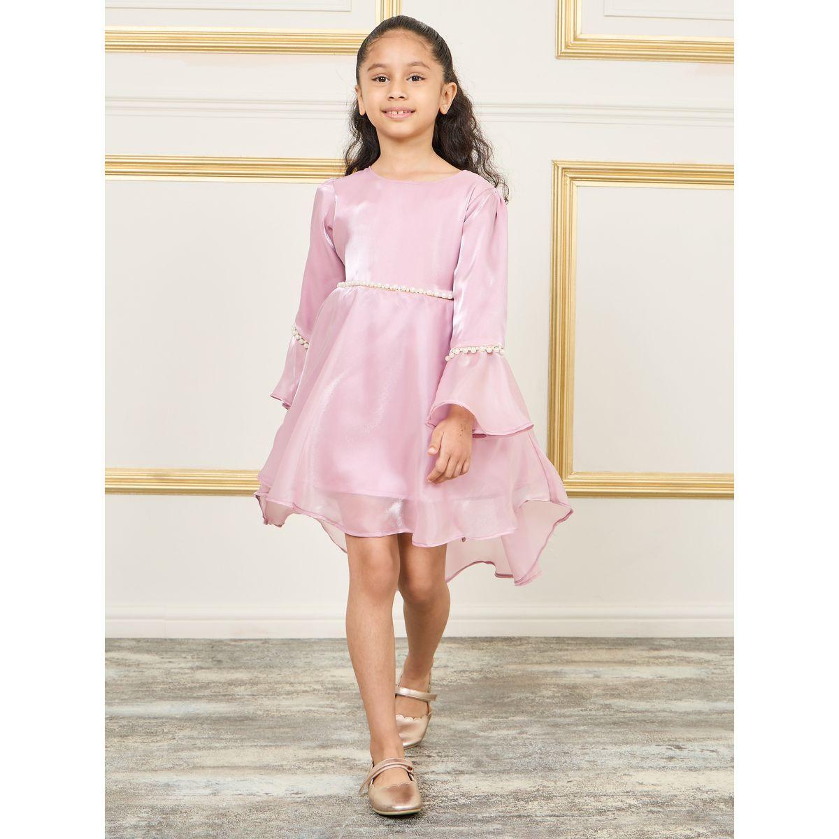 Styli Beaded Detail High Low Hem Dress with Flute Sleeves-girls-clothing-dressesandjumpsuits-image-1
