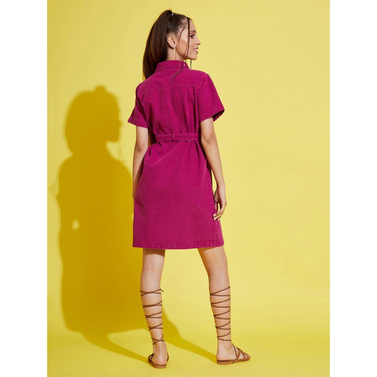 NOH-VOH Denim Collared Shirt Dress with Tie Up Belt-girls-clothing-dressesandjumpsuits-image-2