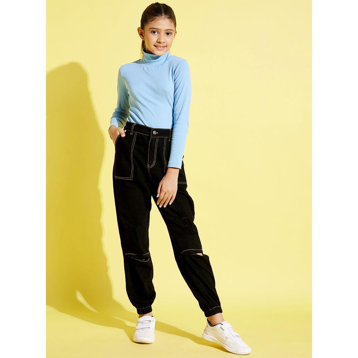 Noh-Voh X Styli  Contrast Stitch Detail Knee Slit Denim Joggers-girls-clothing-bottoms-joggersandtrackpants-image-1
