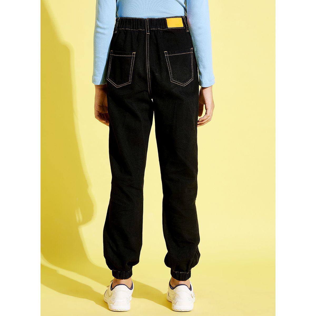 Noh-Voh X Styli  Contrast Stitch Detail Knee Slit Denim Joggers-girls-clothing-bottoms-joggersandtrackpants-image-2