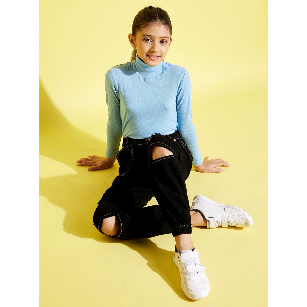 Noh-Voh X Styli  Contrast Stitch Detail Knee Slit Denim Joggers-girls-clothing-bottoms-joggersandtrackpants-image-4