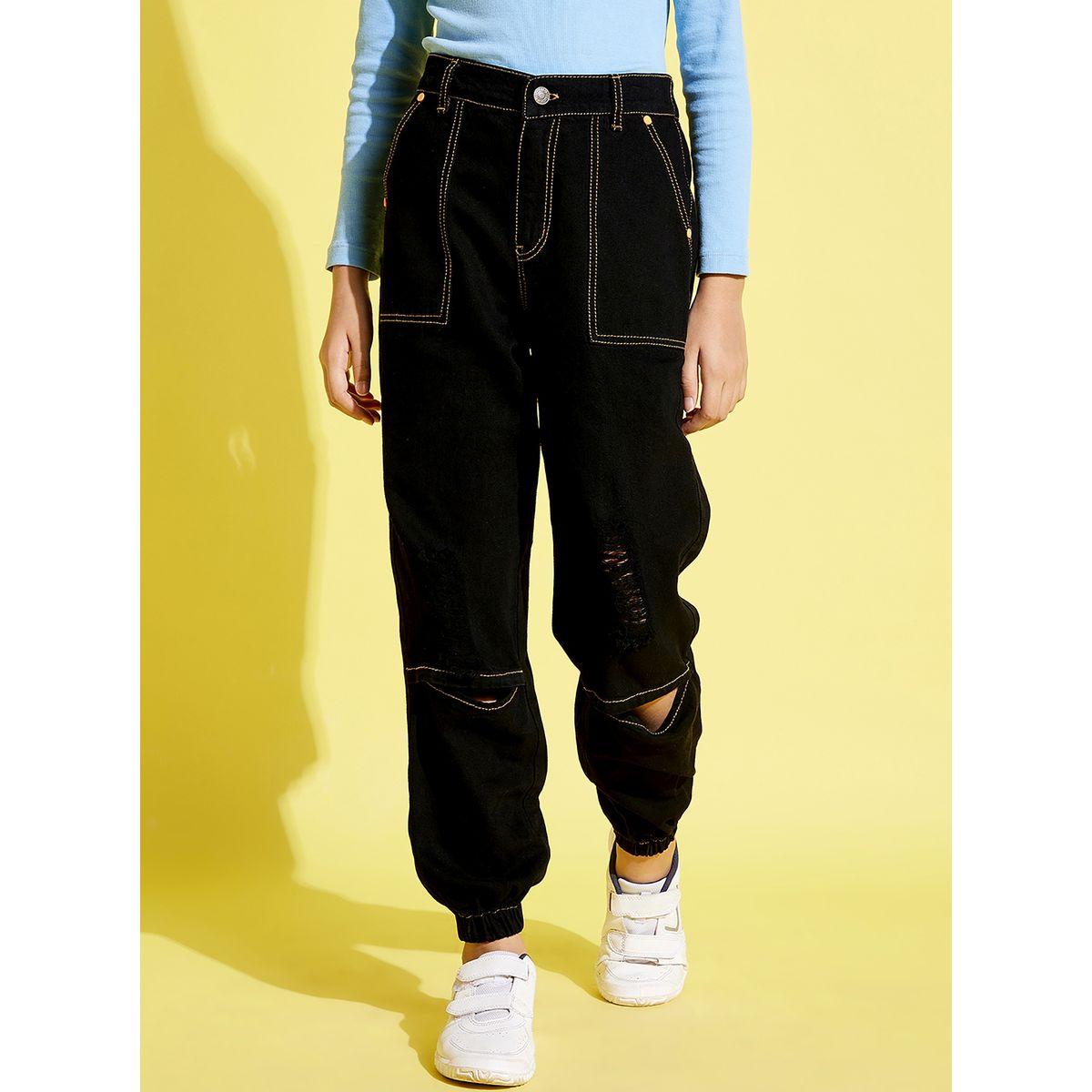 Noh-Voh X Styli  Contrast Stitch Detail Knee Slit Denim Joggers-girls-clothing-bottoms-joggersandtrackpants-image-5