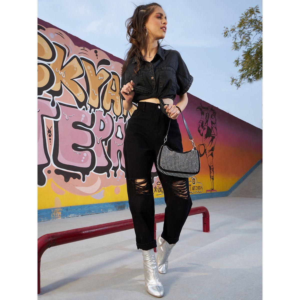 NOH-VOH Oversized Denim Crop Shirt with Tie Up-girls-clothing-blousesandshirts-image-1