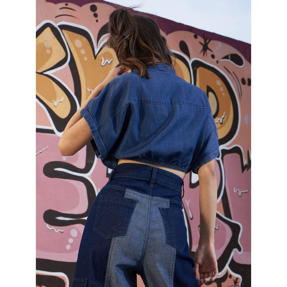 NOH-VOH Oversized Denim Crop Shirt with Tie Up-girls-clothing-blousesandshirts-image-2