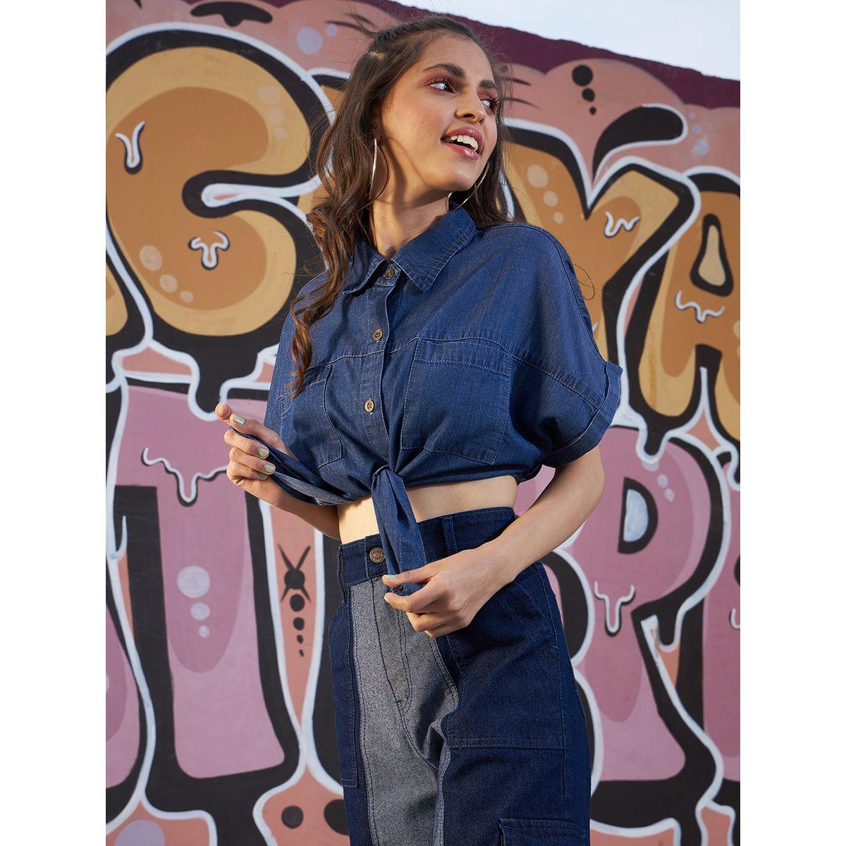بلوزة قصيرة دنيم بقصة واسعة واربطة-girls-clothing-blousesandshirts-image-3