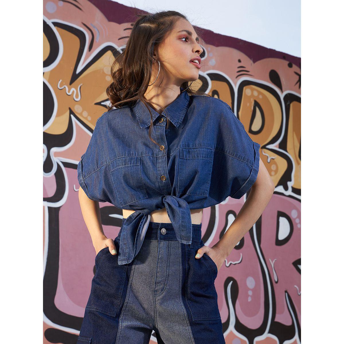 بلوزة قصيرة دنيم بقصة واسعة واربطة-girls-clothing-blousesandshirts-image-6