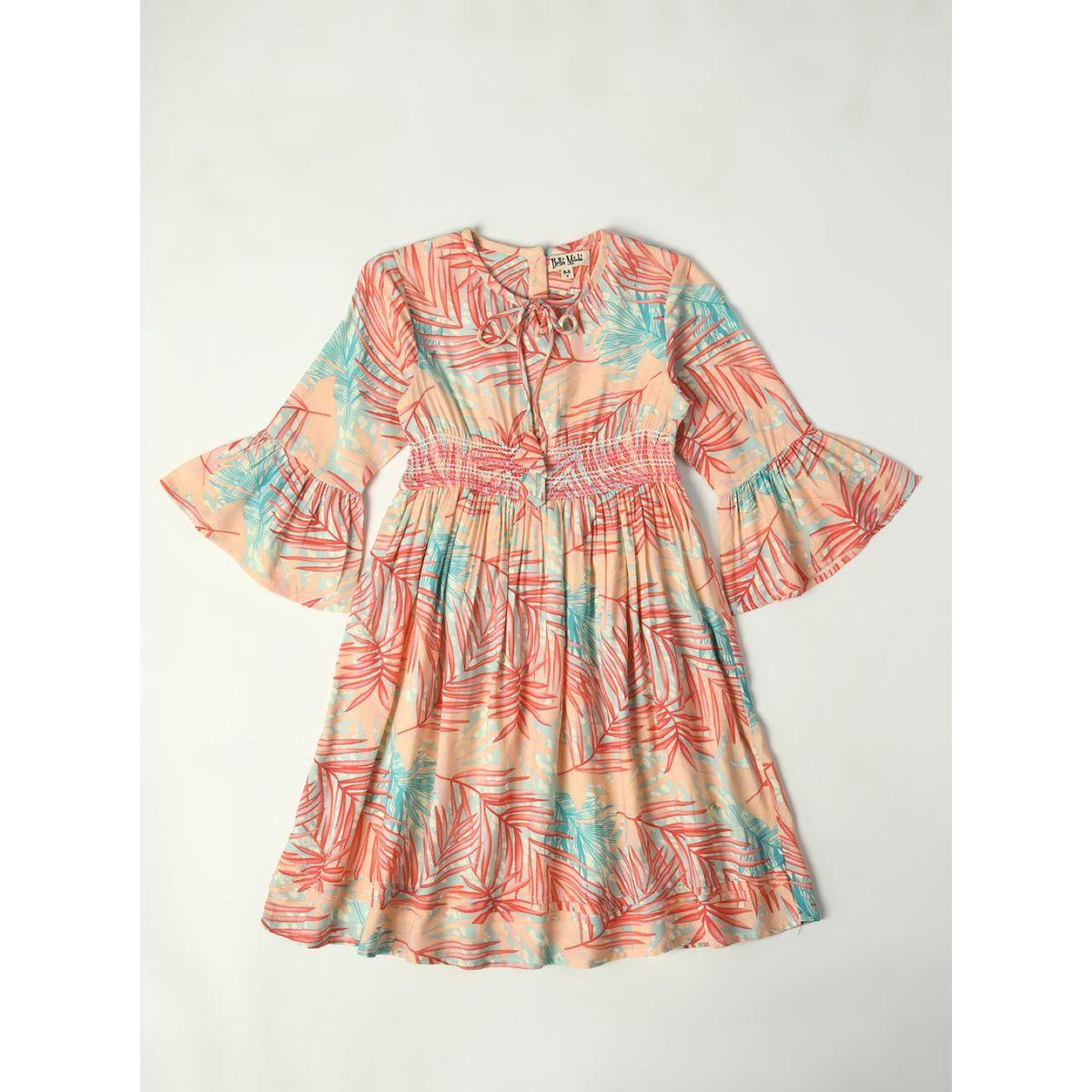 Bella Moda X Styli  Cotton Leaf Printed Tie Up Neck Dress-girls-clothing-dressesandjumpsuits-image-1