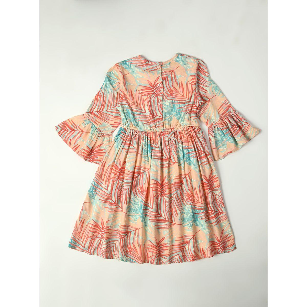 Bella Moda X Styli  Cotton Leaf Printed Tie Up Neck Dress-girls-clothing-dressesandjumpsuits-image-2