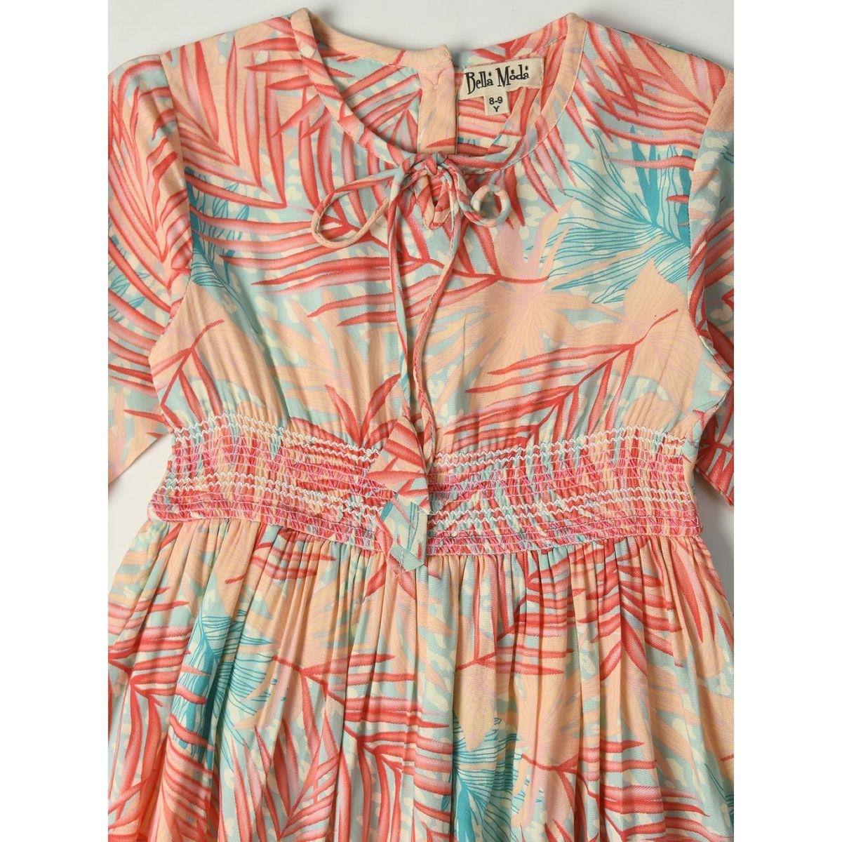 Bella Moda X Styli  Cotton Leaf Printed Tie Up Neck Dress-girls-clothing-dressesandjumpsuits-image-3
