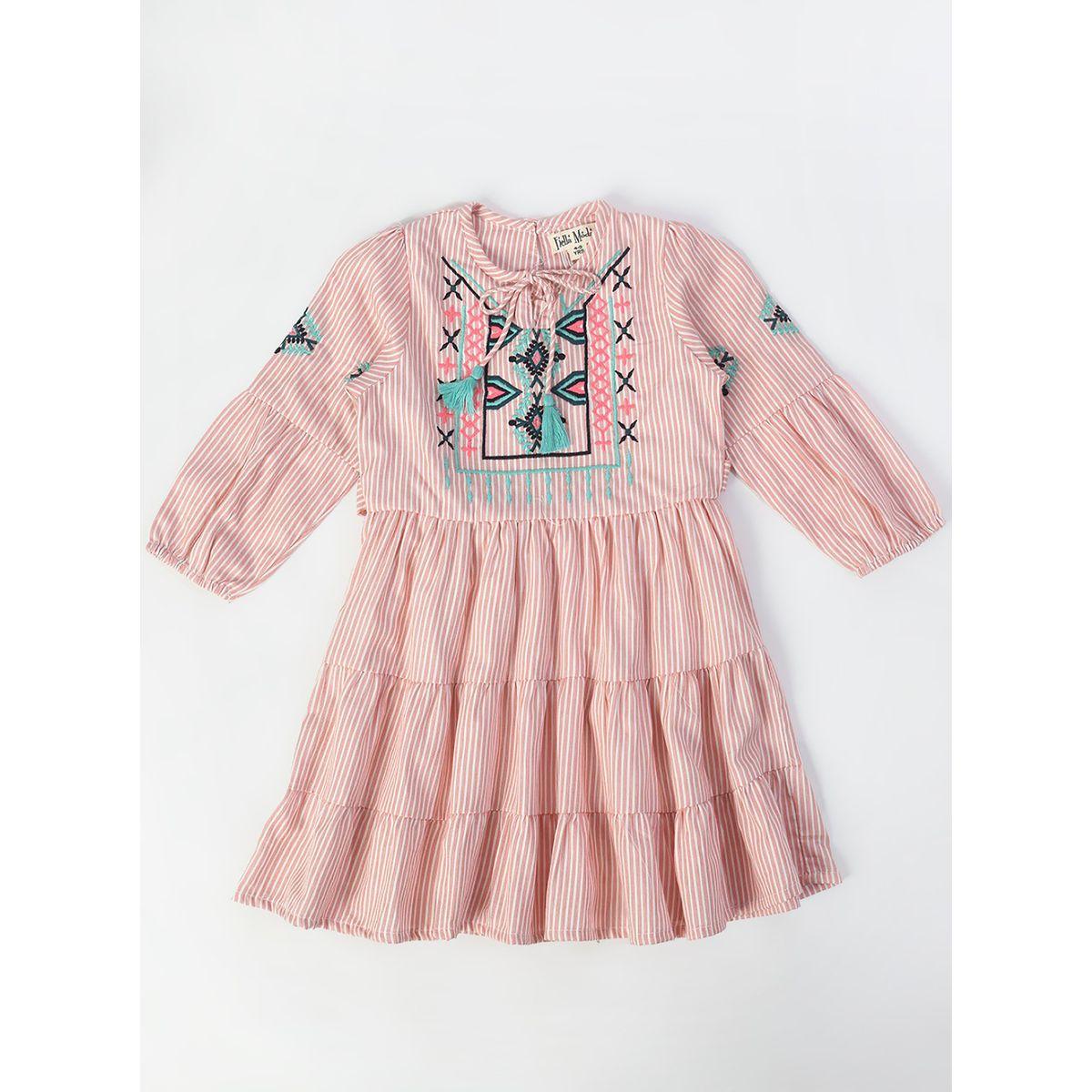 Bella Moda X Styli  Striped Embroidered Tie Up Neck Tiered Dress-girls-clothing-dressesandjumpsuits-image-1