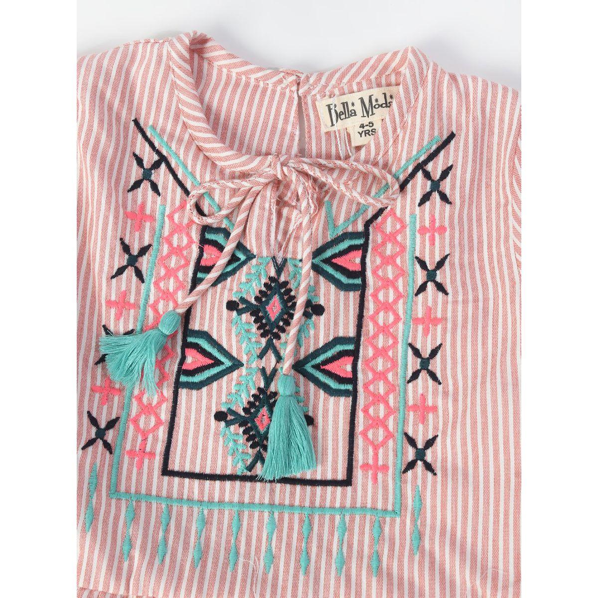 Bella Moda X Styli  Striped Embroidered Tie Up Neck Tiered Dress-girls-clothing-dressesandjumpsuits-image-5