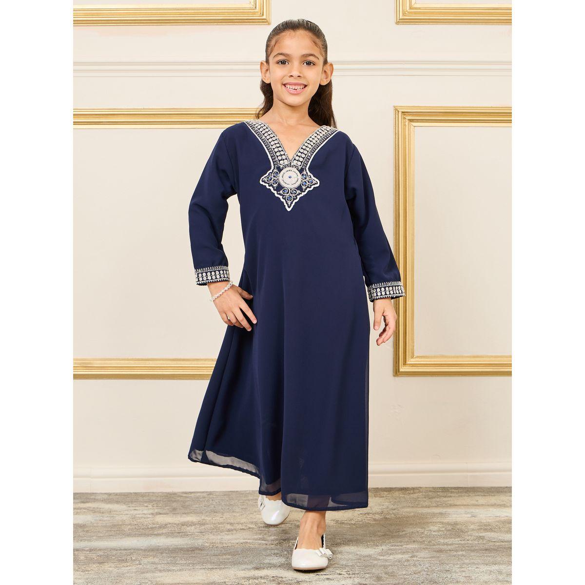 جلابية بتفاصيل مُطرّزة وأربطة-girls-clothing-dressesandjumpsuits-image-1
