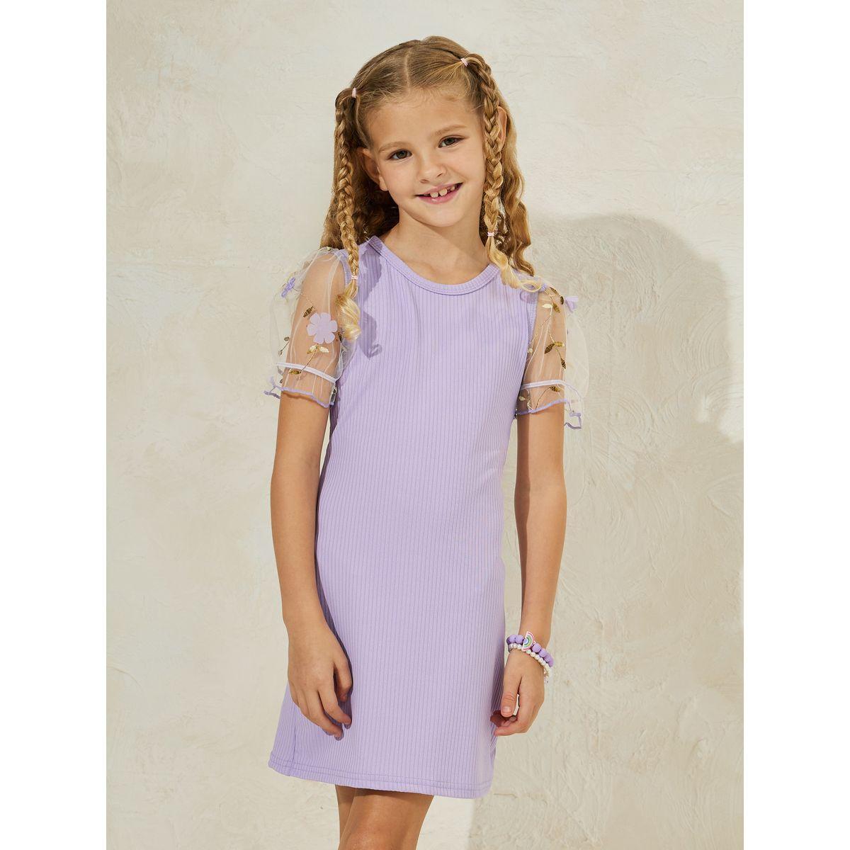 Styli Embroidery Puff Mesh Sleeve Rib Dress-girls-clothing-dressesandjumpsuits-image-2