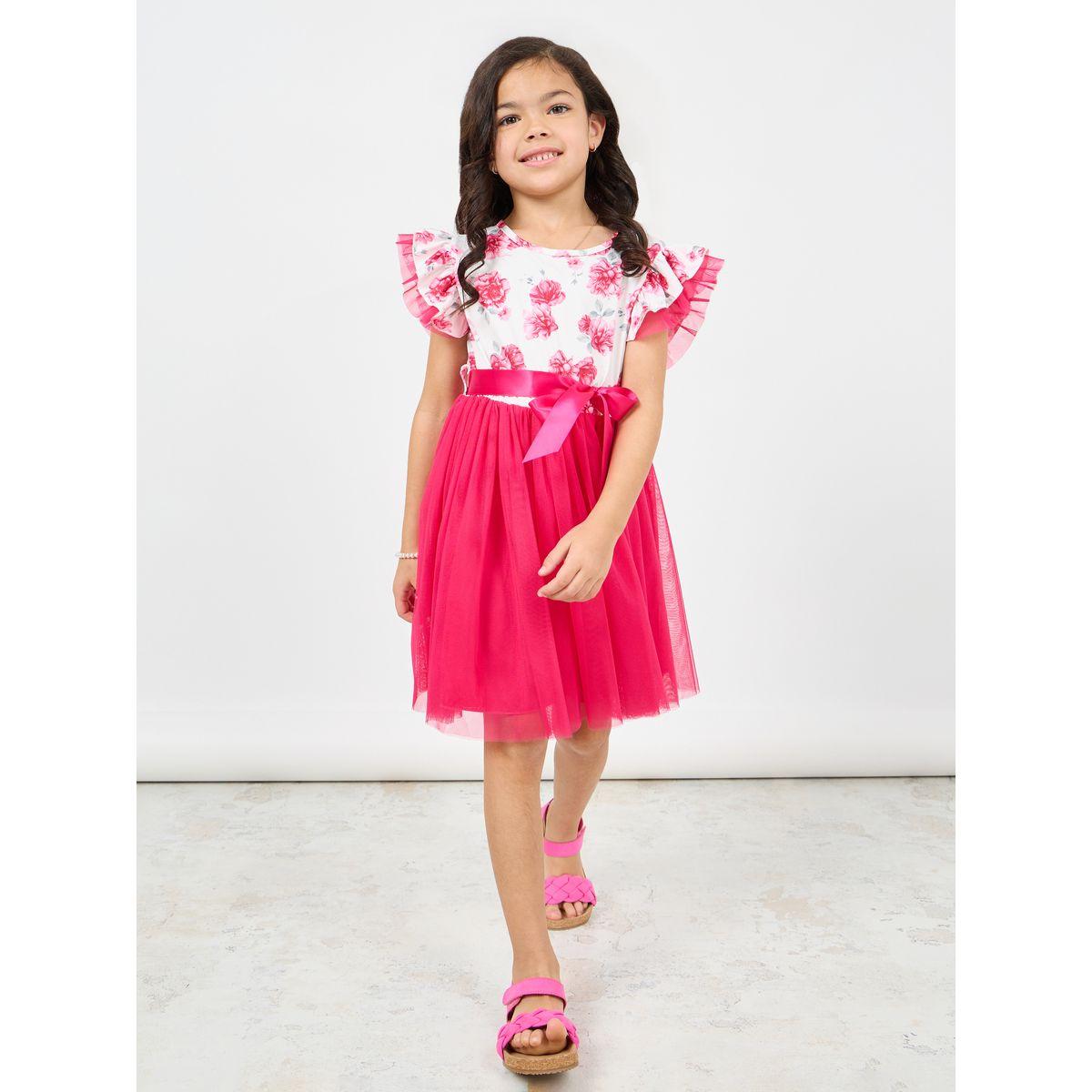 Styli Floral Print Ruffle Mesh Detail Skater Dress-girls-clothing-dressesandjumpsuits-image-1