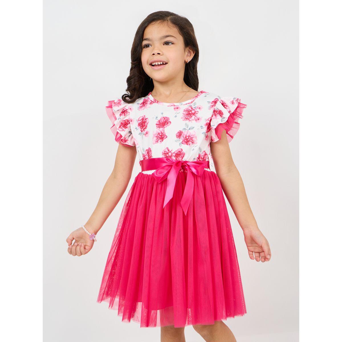Styli Floral Print Ruffle Mesh Detail Skater Dress-girls-clothing-dressesandjumpsuits-image-2