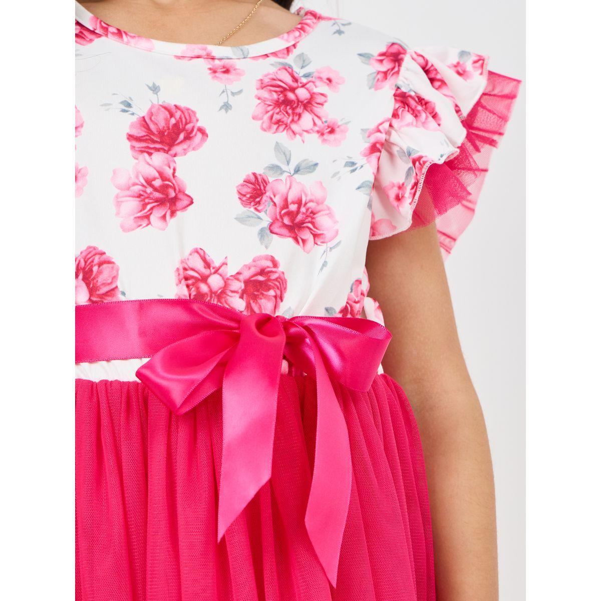 فستان سكاتر مطبع بزهور مع تفاصيل شبك وكشكش-girls-clothing-dressesandjumpsuits-image-3