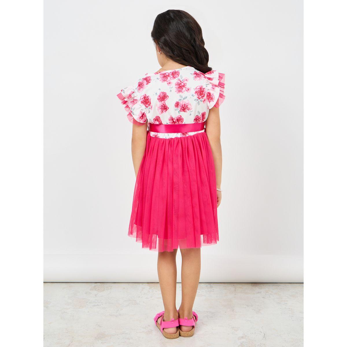 فستان سكاتر مطبع بزهور مع تفاصيل شبك وكشكش-girls-clothing-dressesandjumpsuits-image-4
