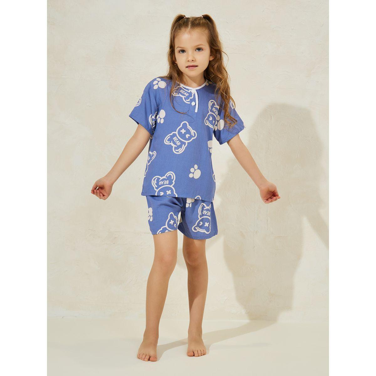Styli Bear Printed Button Front T-Shirt & Shorts Set-girls-clothing-nightwear-image-1
