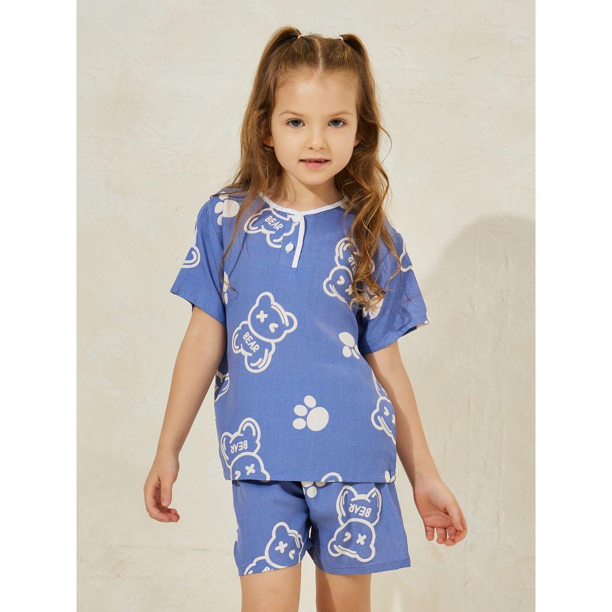 Styli Bear Printed Button Front T-Shirt & Shorts Set-girls-clothing-nightwear-image-2