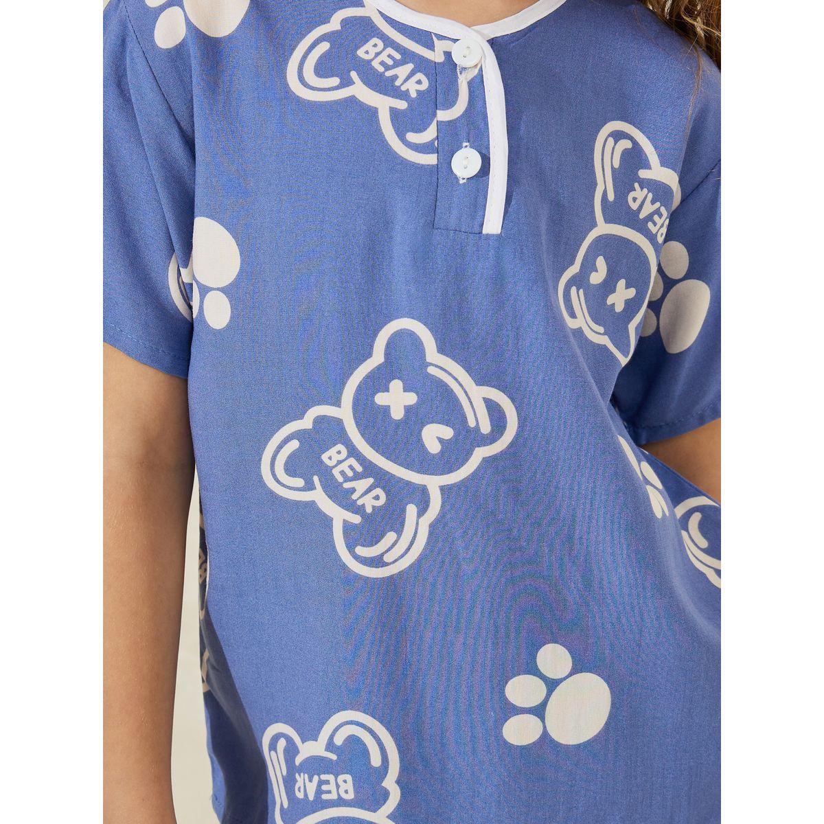 Styli Bear Printed Button Front T-Shirt & Shorts Set-girls-clothing-nightwear-image-3