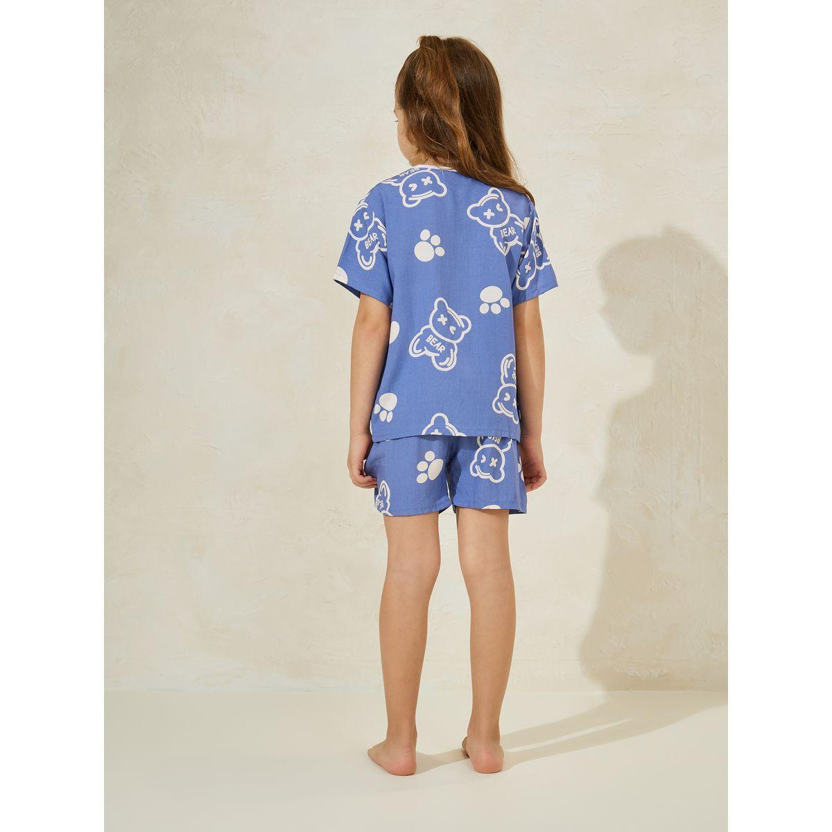 Styli Bear Printed Button Front T-Shirt & Shorts Set-girls-clothing-nightwear-image-4
