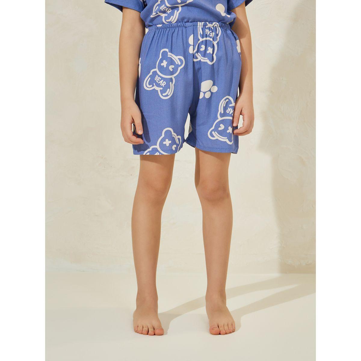 Styli Bear Printed Button Front T-Shirt & Shorts Set-girls-clothing-nightwear-image-5