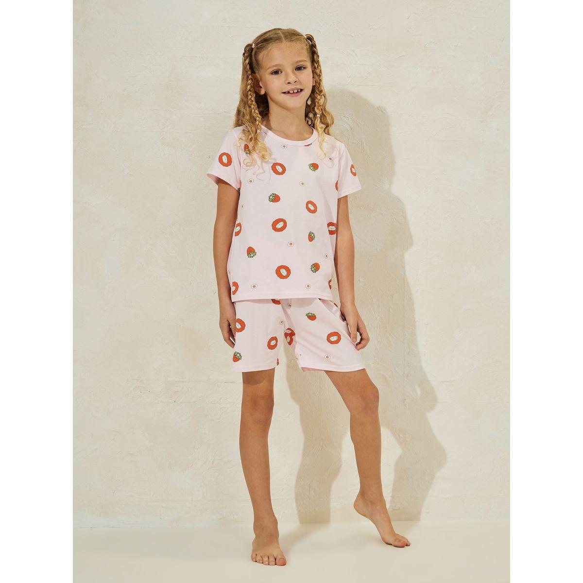 Styli Strawberry Print Cotton T-Shirt & Shorts Set-girls-clothing-nightwear-image-1