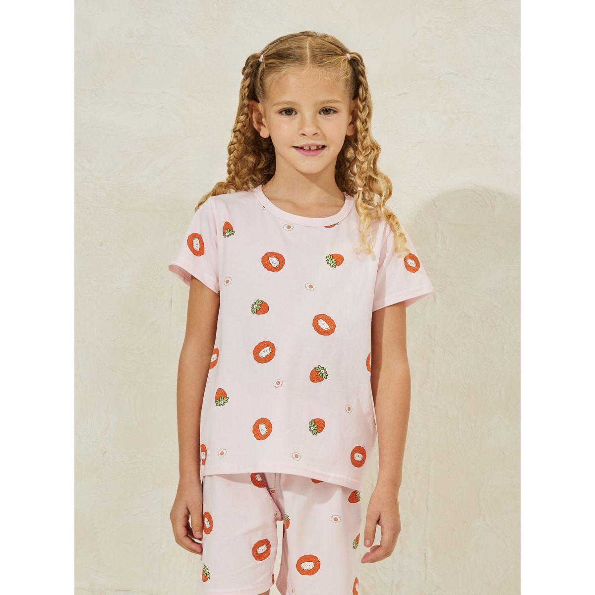 Styli Strawberry Print Cotton T-Shirt & Shorts Set-girls-clothing-nightwear-image-2
