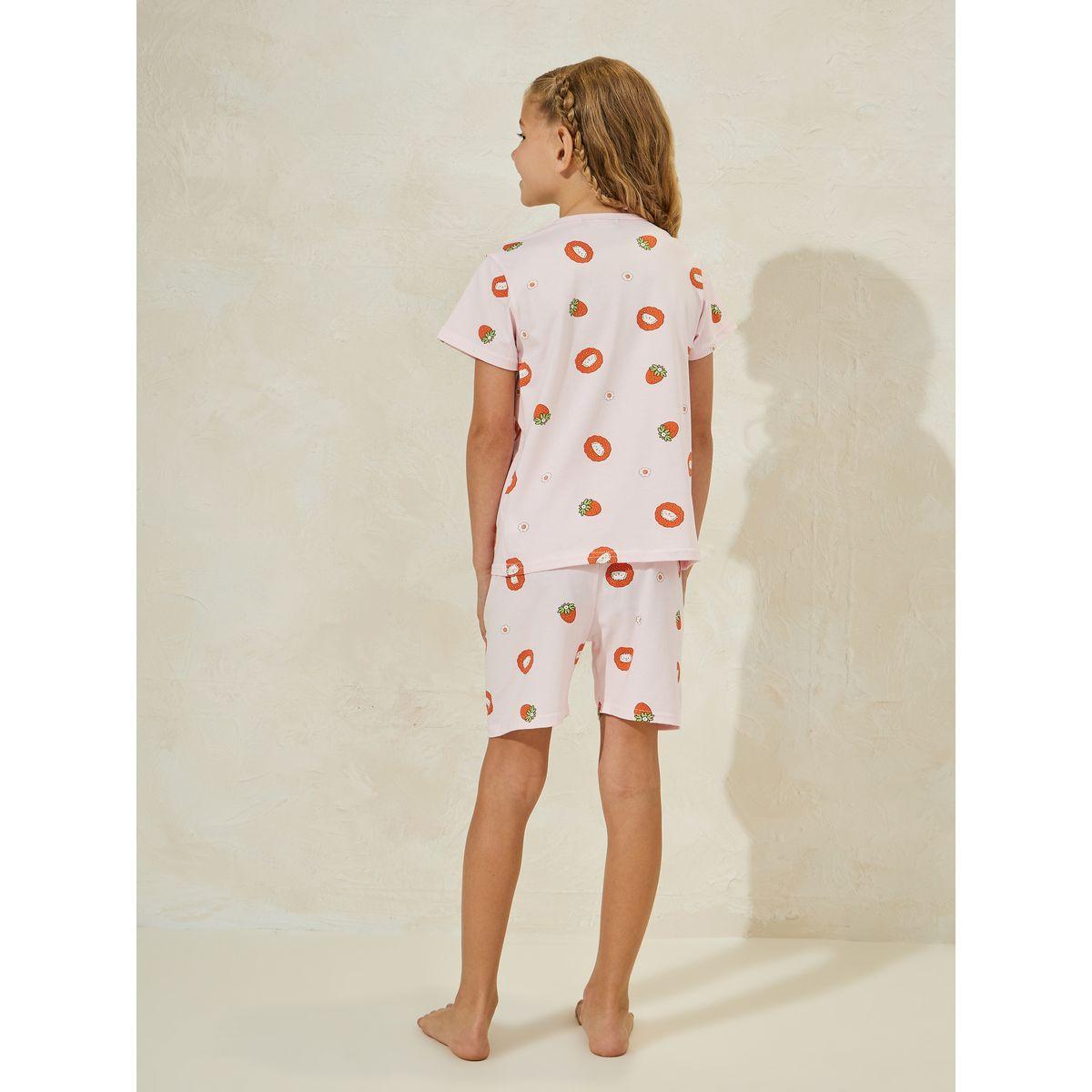 Styli Strawberry Print Cotton T-Shirt & Shorts Set-girls-clothing-nightwear-image-4