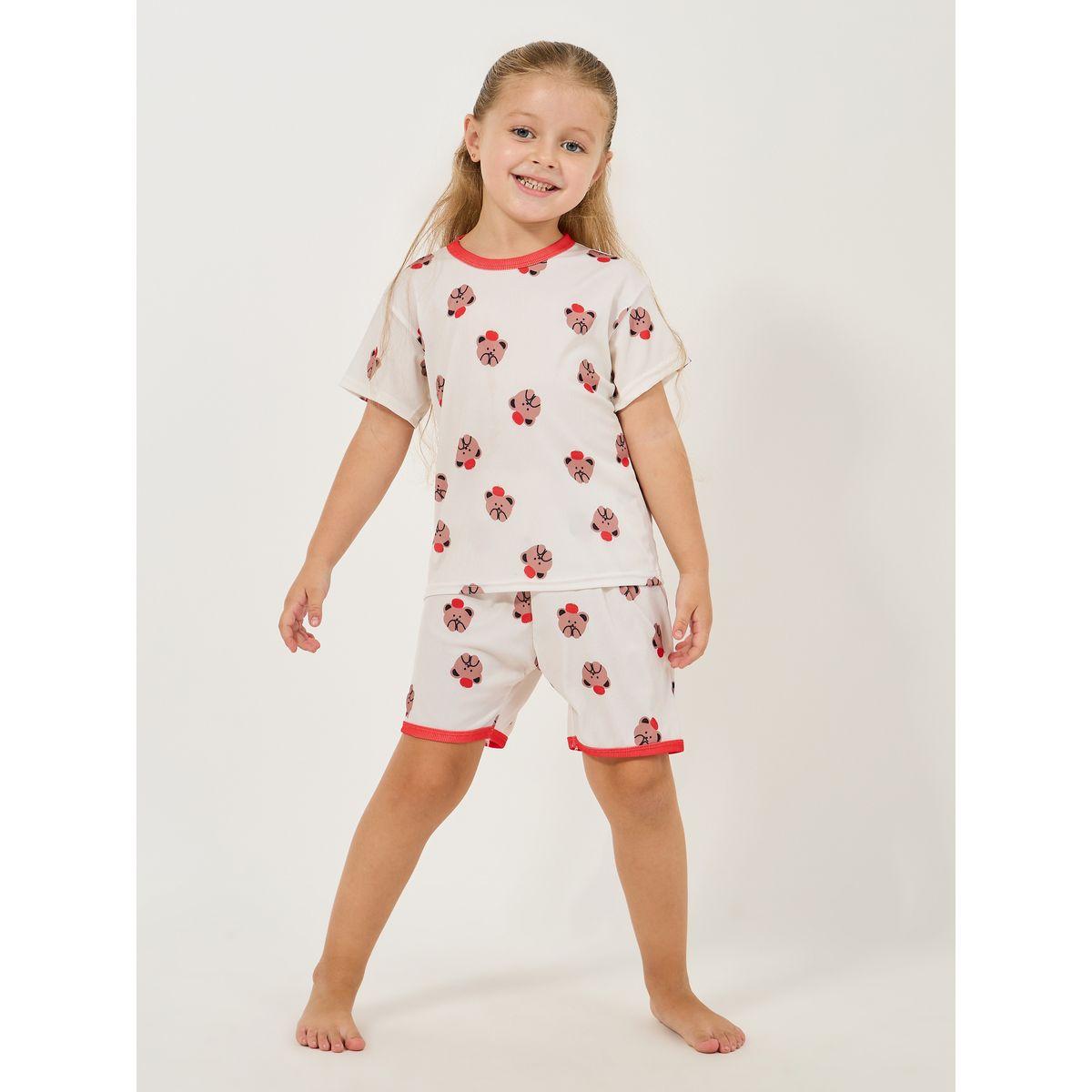 Styli Bear Print Rib Knit T-Shirt & Shorts Set-girls-clothing-nightwear-image-1