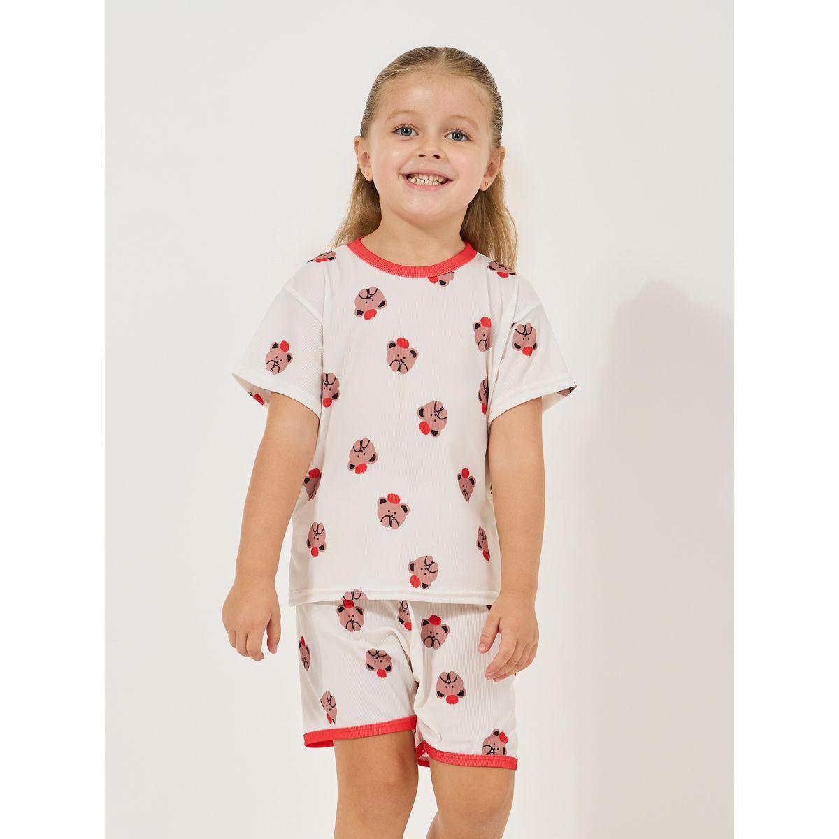 Styli Bear Print Rib Knit T-Shirt & Shorts Set-girls-clothing-nightwear-image-2