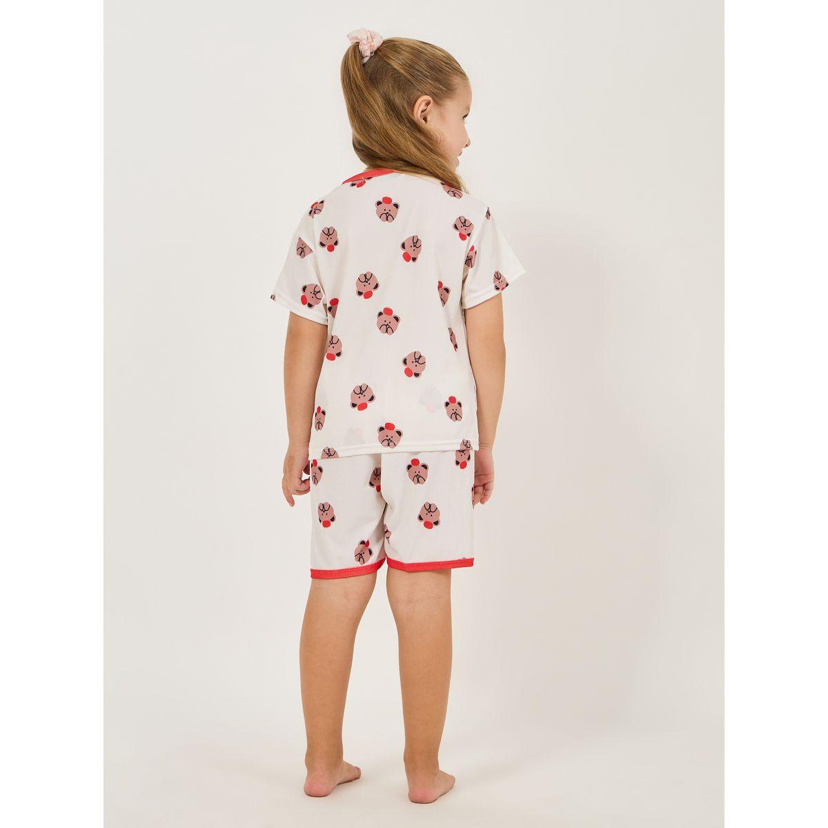 Styli Bear Print Rib Knit T-Shirt & Shorts Set-girls-clothing-nightwear-image-4
