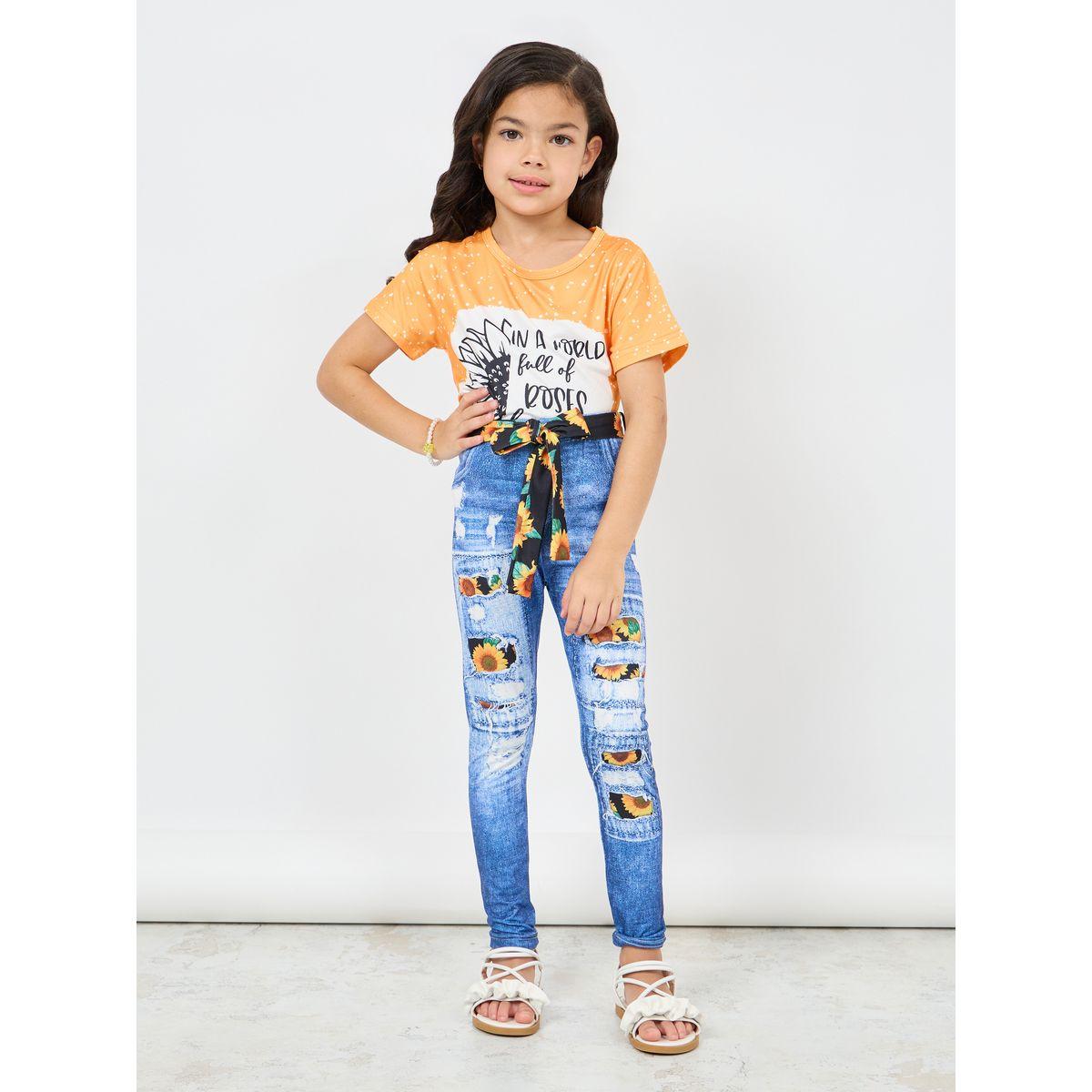 Styli Sunflower Print T-shirt and Denim Print Pant Set-girls-clothing-setsandcoords-image-1