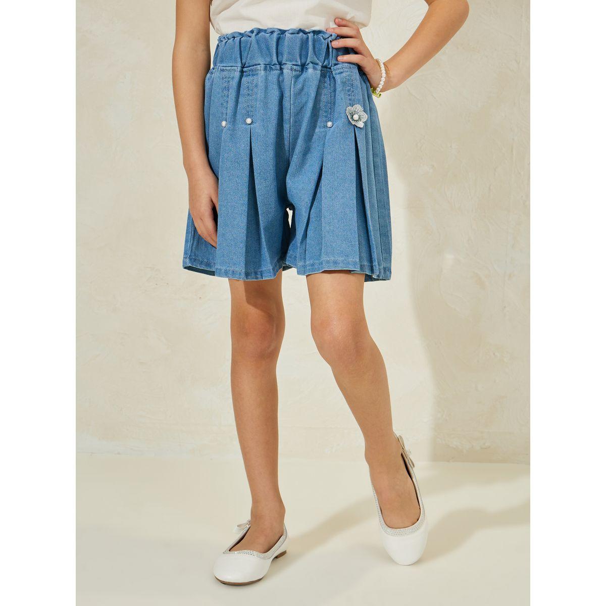 شورت دنيم مزين بلؤلؤ صناعي مع كسرات-girls-clothing-bottoms-shorts-image-1