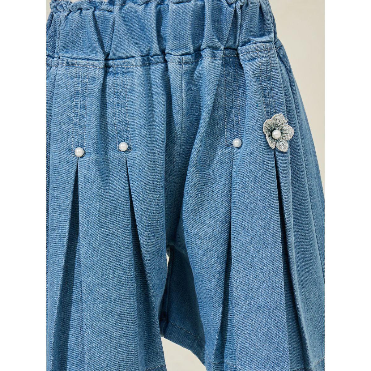 Styli Pleated Denim Shorts with Faux Pearl Accent-girls-clothing-bottoms-shorts-image-3