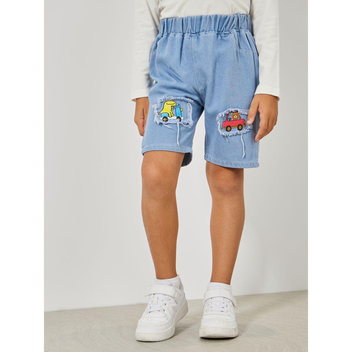 شورت دنيم مرقع بخياطة مع طبعة جرافيك-boys-clothing-bottoms-shorts-image-1