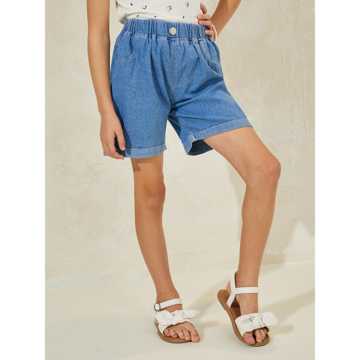 Styli Solid Denim Shorts with Pockets-girls-clothing-bottoms-shorts-image-1