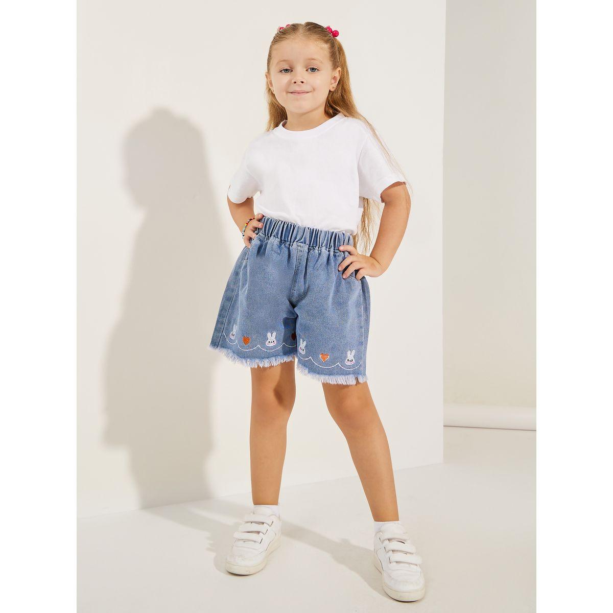 Styli Embroidery Detail Raw Hem Denim Shorts-girls-clothing-bottoms-shorts-image-1