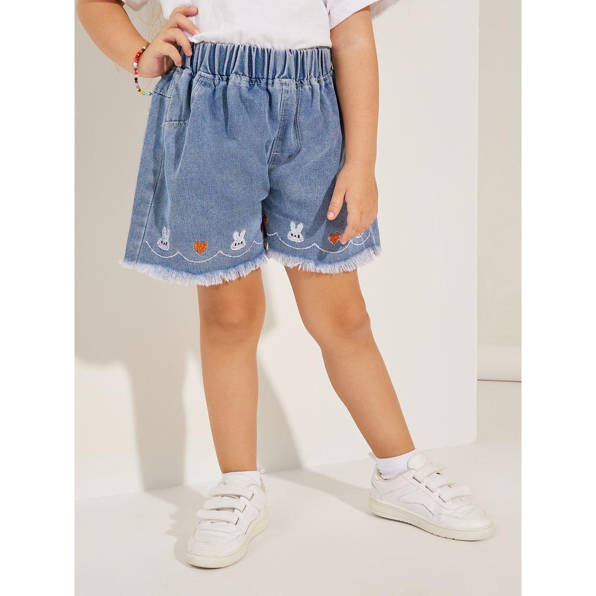 Styli Embroidery Detail Raw Hem Denim Shorts-girls-clothing-bottoms-shorts-image-2
