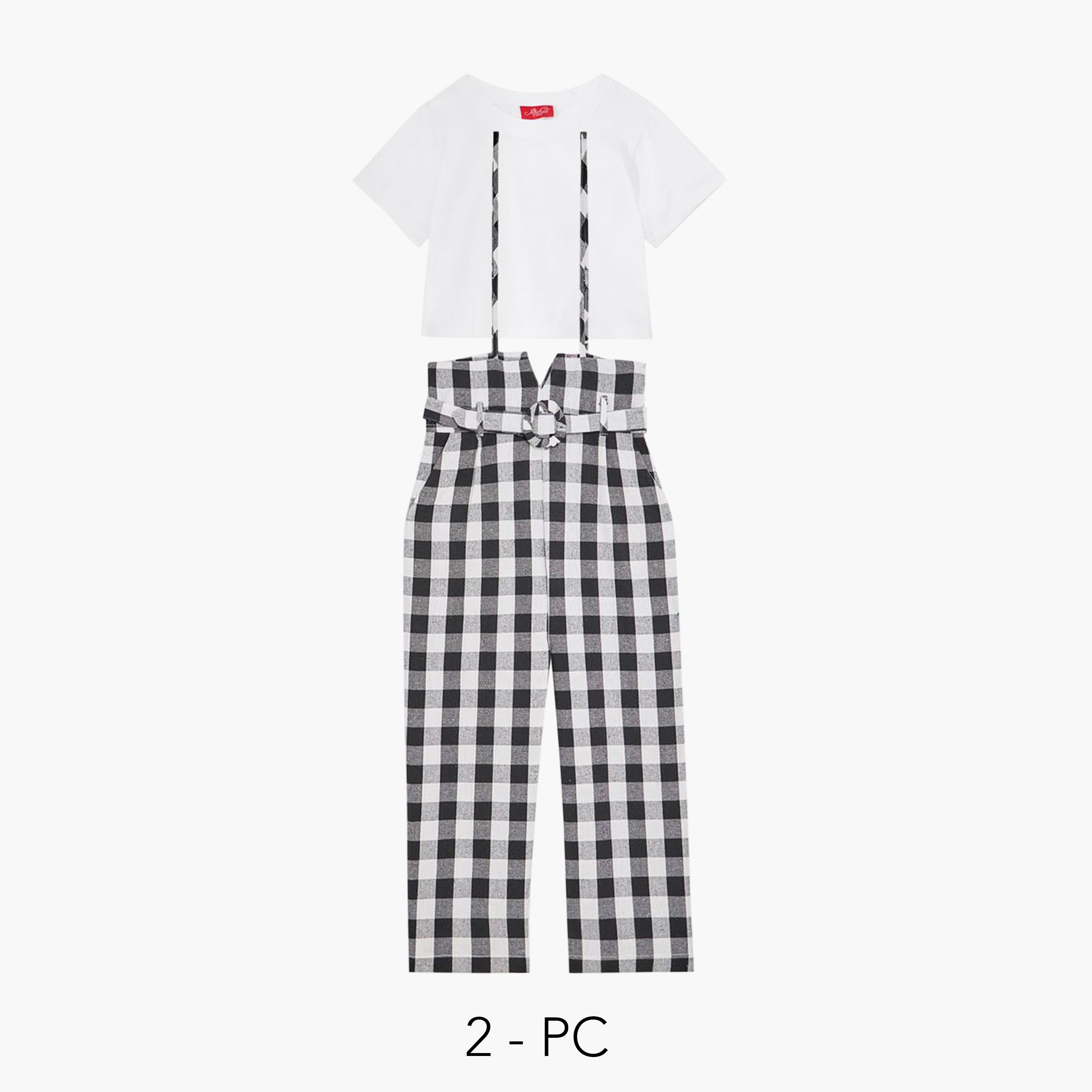 Styli Plain T-Shirt & Check Print Jumpsuit Set-girls-clothing-setsandcoords-image-1