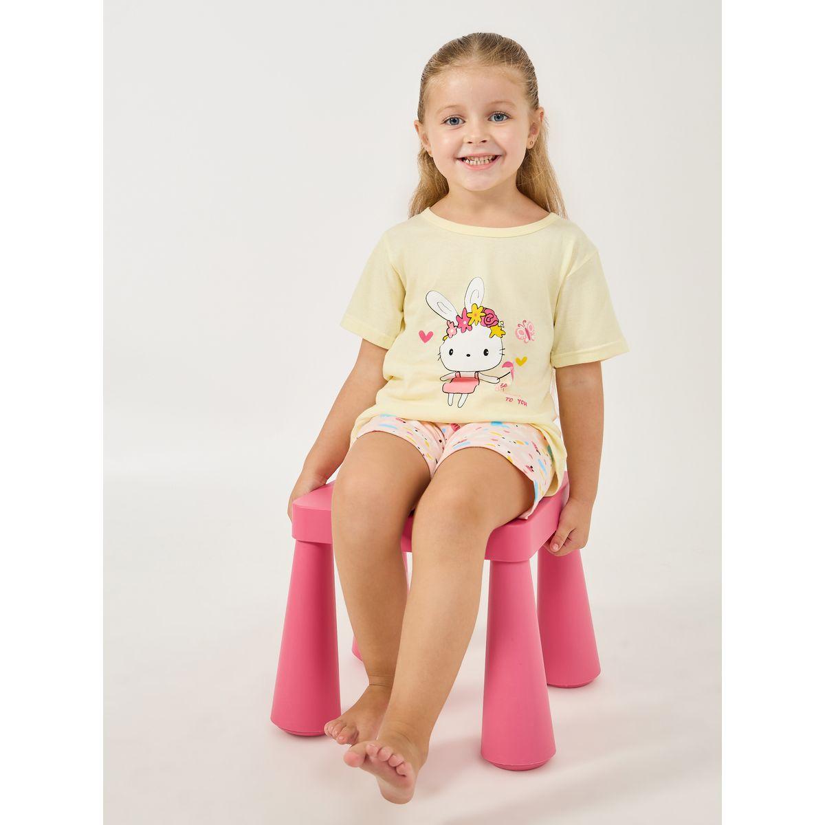 Styli Floral Bunny Print Cotton T-Shirt & Shorts Set-girls-clothing-nightwear-image-1