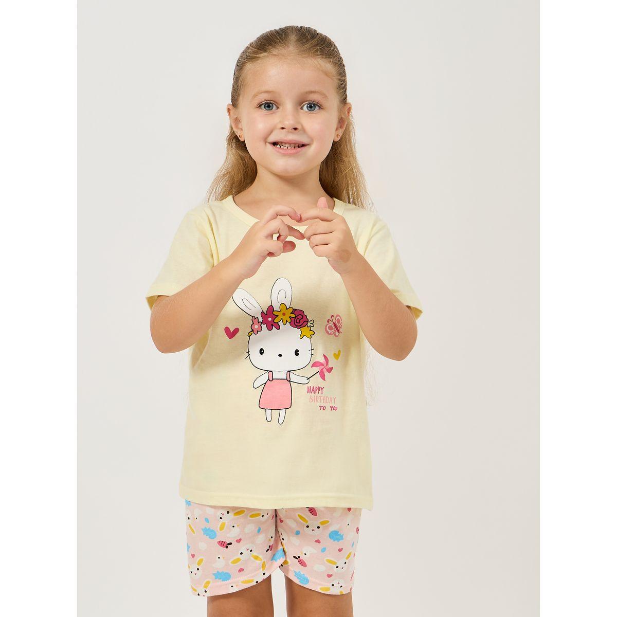 Styli Floral Bunny Print Cotton T-Shirt & Shorts Set-girls-clothing-nightwear-image-3