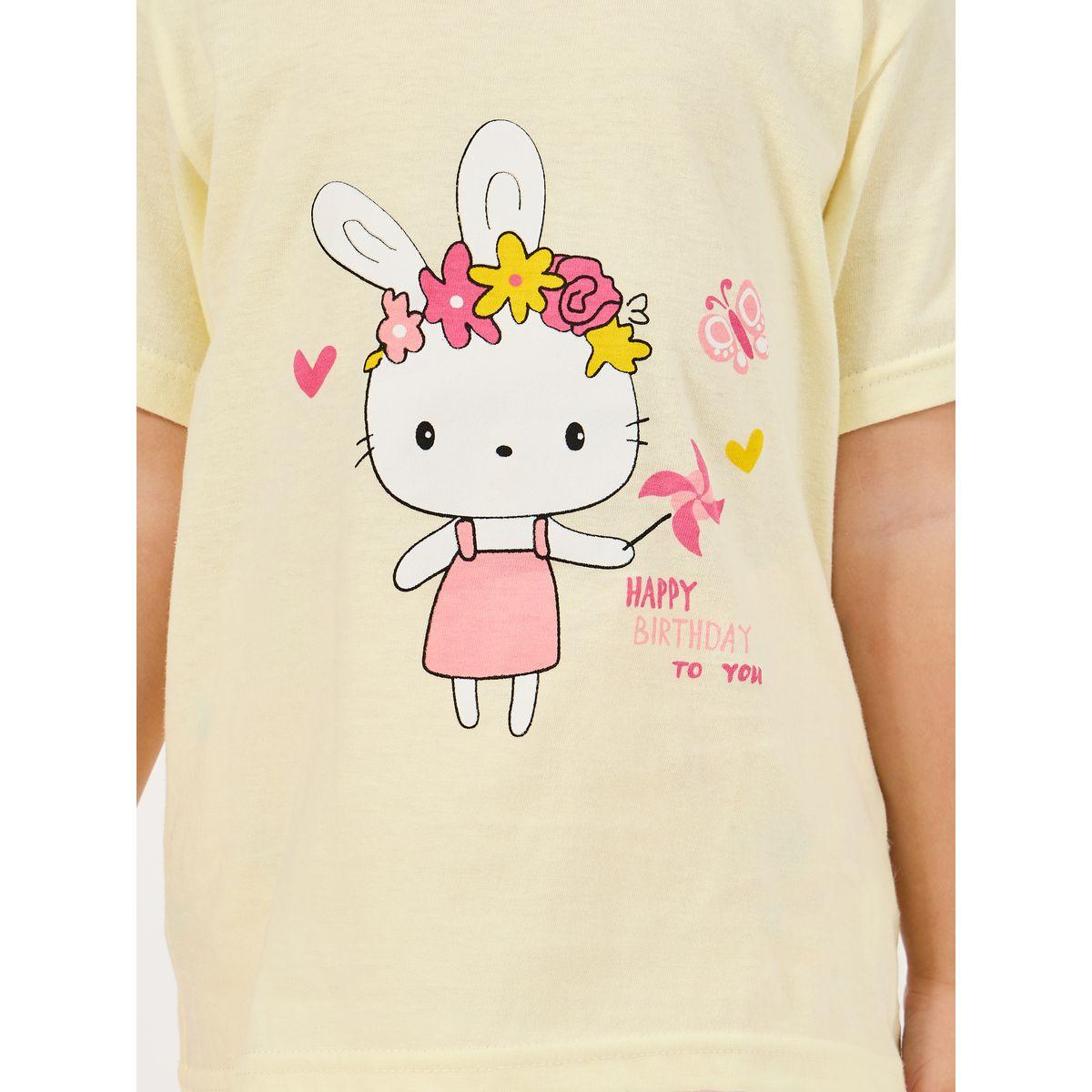 Styli Floral Bunny Print Cotton T-Shirt & Shorts Set-girls-clothing-nightwear-image-4