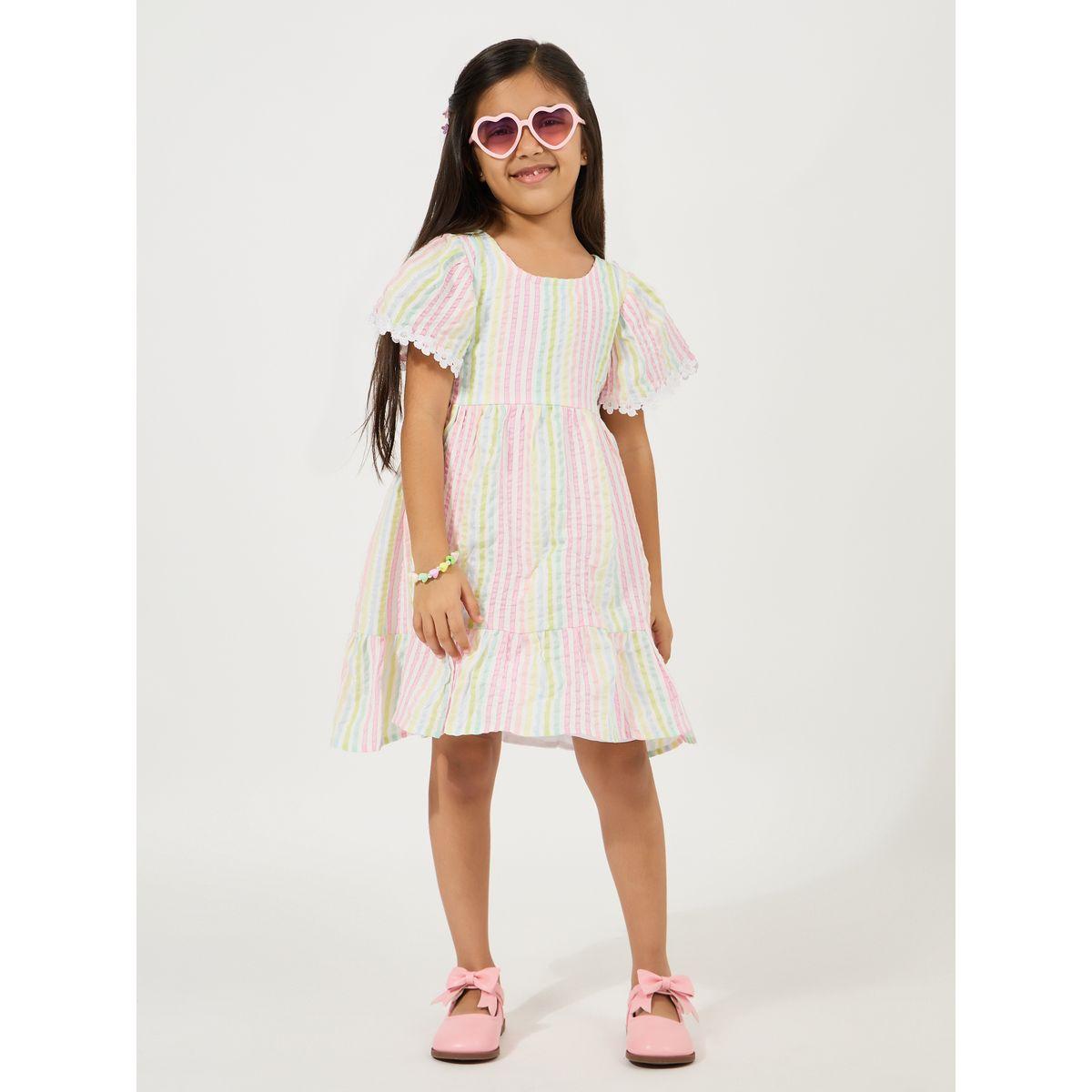 فستان مخطط بطول الركبة مع اكمام فلوت-girls-clothing-dressesandjumpsuits-image-1