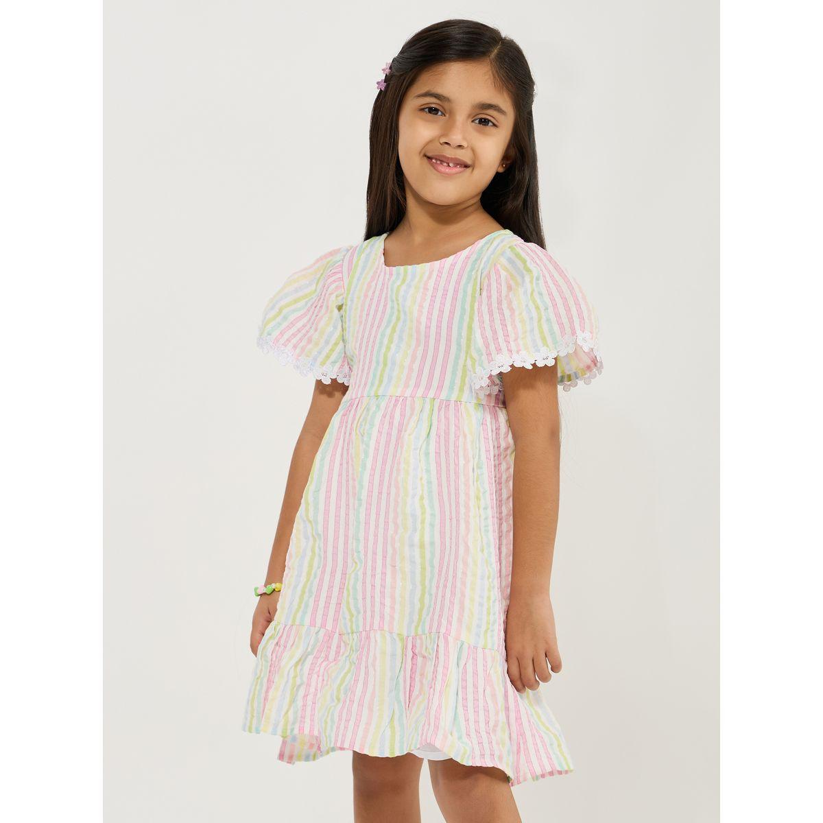 Styli Striped A-Line Knee Length Dress with Flute Sleeve-girls-clothing-dressesandjumpsuits-image-2