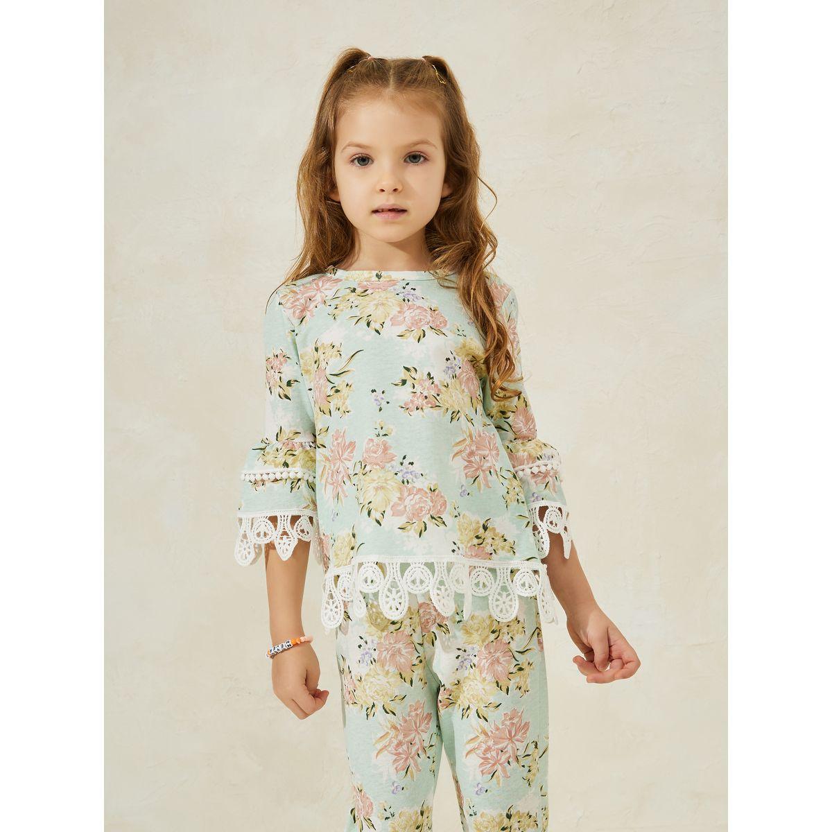 Styli Floral Print 3/4 Sleeve Top & Pants Set-girls-clothing-setsandcoords-image-2