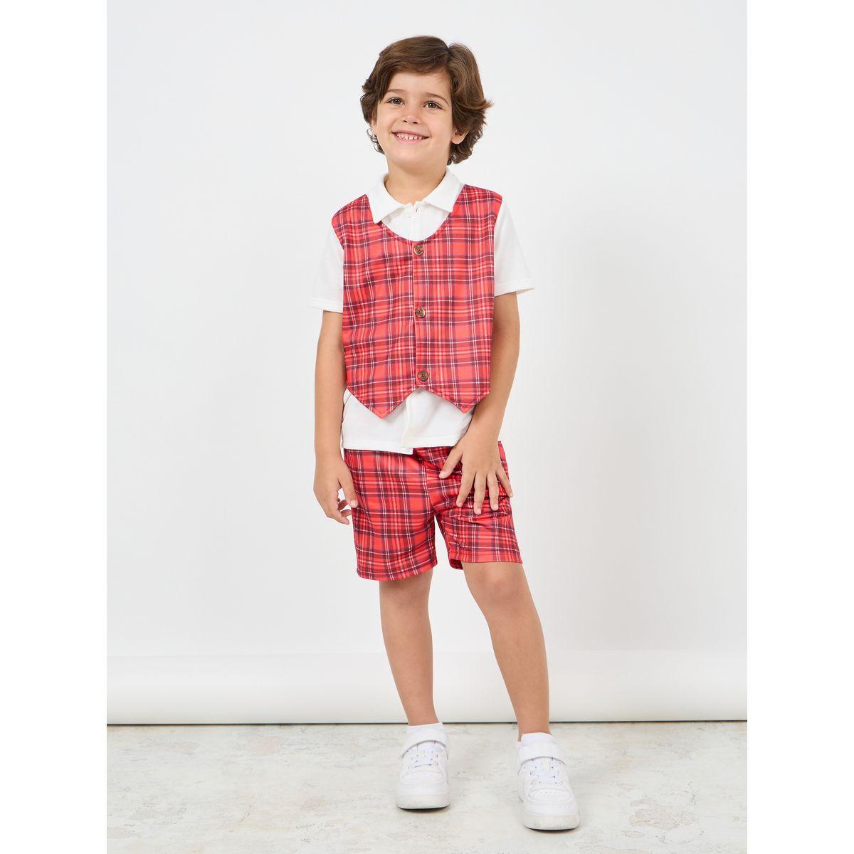 Styli Pack of 3 - Solid Shirt Checked Vest and Short Set-boys-clothing-setsandcoords-image-1