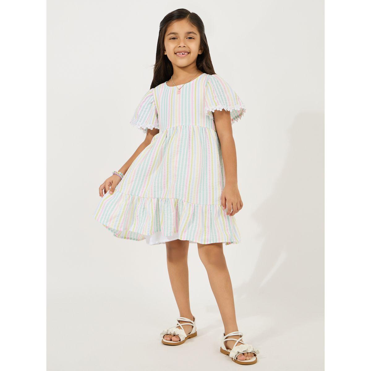 Styli Striped A-Line Knee Length Dress with Flute Sleeve-girls-clothing-dressesandjumpsuits-image-1